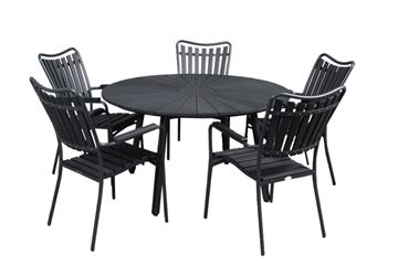 Runt trädgårdsbord ø130 cm av svart Artwood + 5 stolar