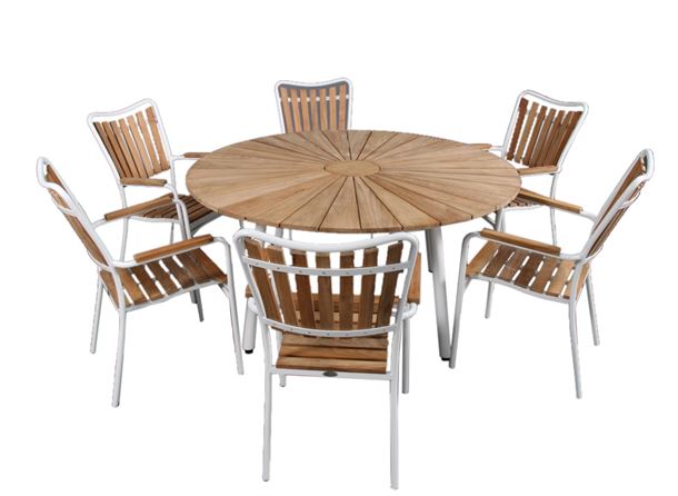 Teak ø150 cm trädgårdsbord med 6 stolar