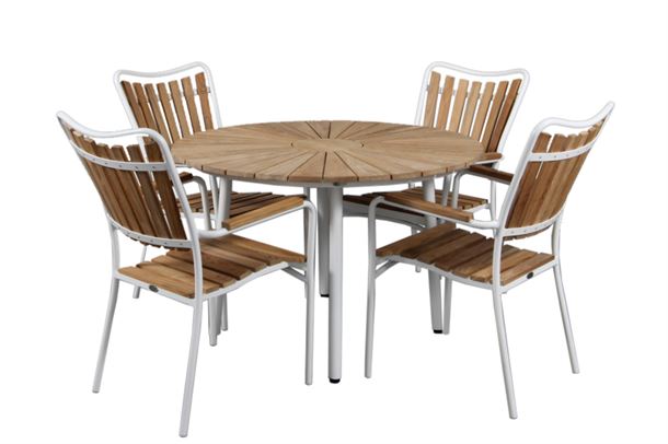 Teak ø110 cm trädgårdsbord med 4 stolar